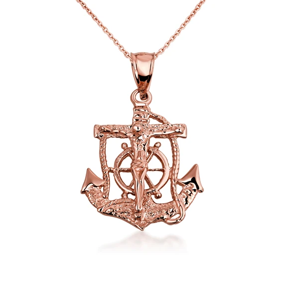 Gold Mariners Anchor Crucifix Pendant Necklace (Available In Yellow/Rose/White Gold)