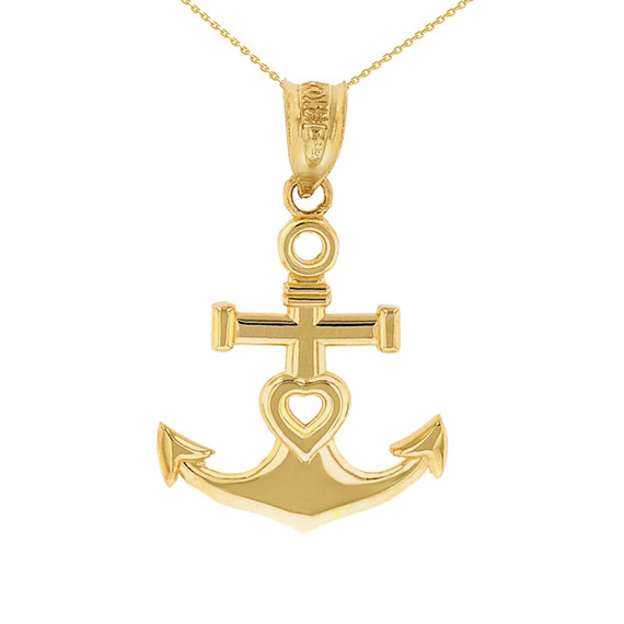 Solid Yellow Gold Nautical Heart Ship Anchor Pendant Necklace