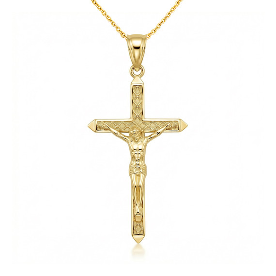 Solid Gold Passion Cross Crucifix Pendant Necklace 1.23" ( 31 mm )(Available in Yellow/Rose/White And Two Tone Gold)