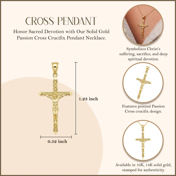 Solid Gold Passion Cross Crucifix Pendant Necklace 1.23" ( 31 mm )(Available in Yellow/Rose/White And Two Tone Gold)