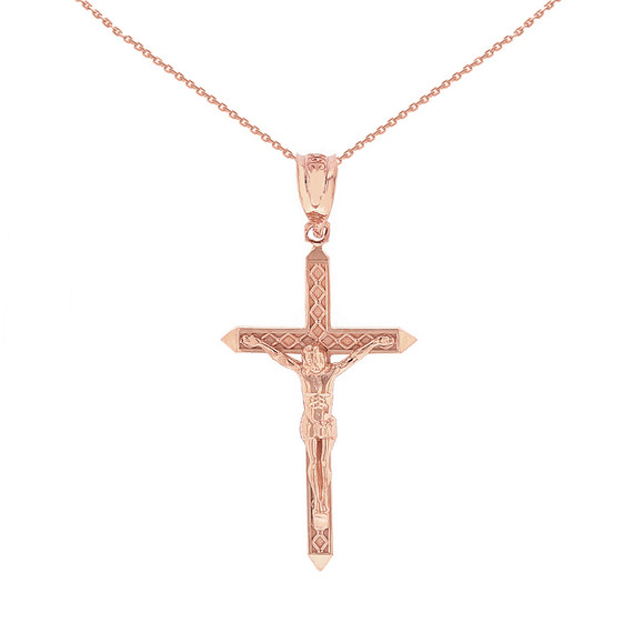 Solid Rose Gold Passion Cross Crucifix Pendant Necklace 1.23" ( 31 mm )