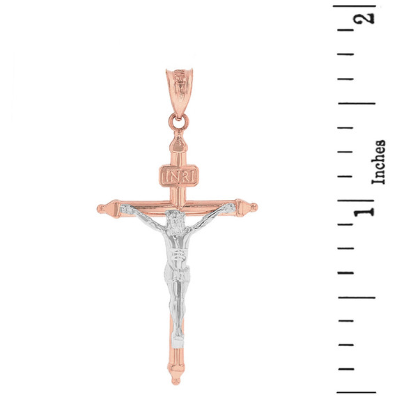 Two Tone Solid Rose Gold INRI Christ Passion Cross Crucifix Pendant Necklace 1.7" (43 mm)