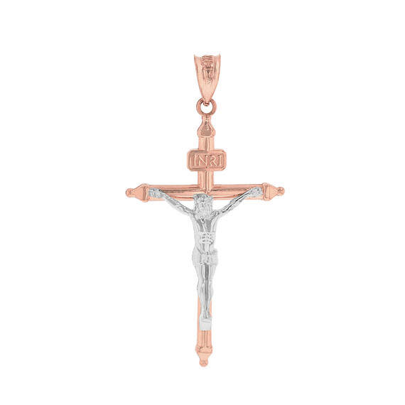 Two Tone Solid Rose Gold INRI Christ Passion Cross Crucifix Pendant Necklace 1.4"  (36 mm)