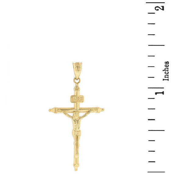 Solid Yellow Gold INRI Christ Passion Cross Crucifix Pendant Necklace  1.2" (32  mm)