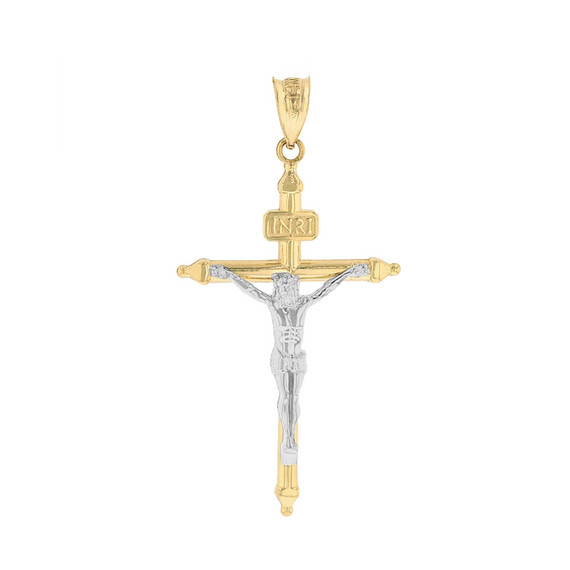 Two Tone Solid Yellow Gold INRI Christ Passion Cross Crucifix Pendant Necklace  1.2" (32  mm)