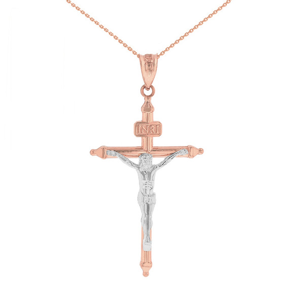 Two Tone Solid Rose Gold INRI Christ Passion Cross Crucifix Pendant Necklace  1.2" (32  mm)