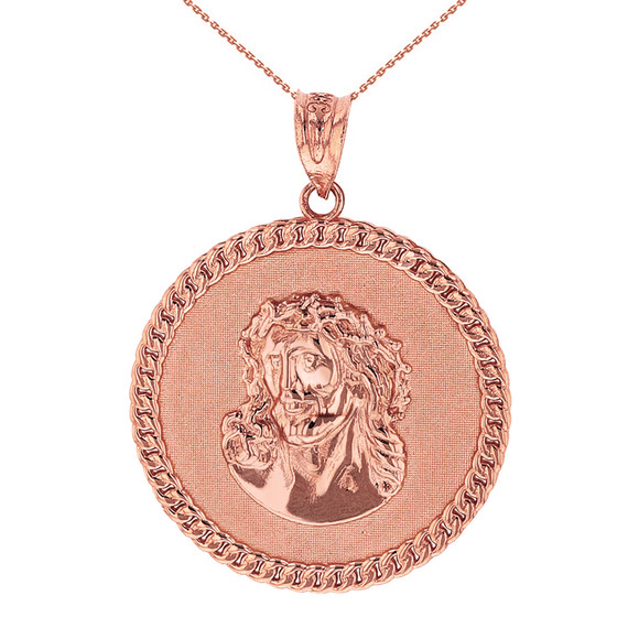 Solid Rose Gold  Cuban Curb Link Frame Circle Jesus Christ Medallion Pendant Necklace
