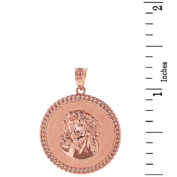 Solid Rose Gold  Cuban Curb Link Frame Circle Jesus Christ Medallion Pendant Necklace