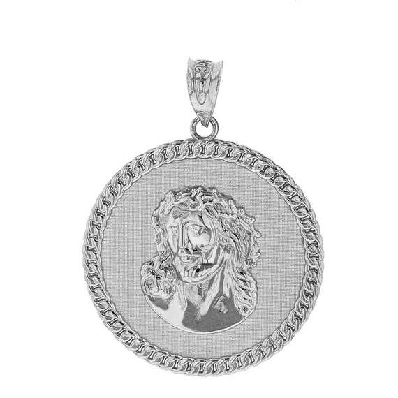 Sterling Silver Cuban Curb Link Frame Circle Jesus Christ