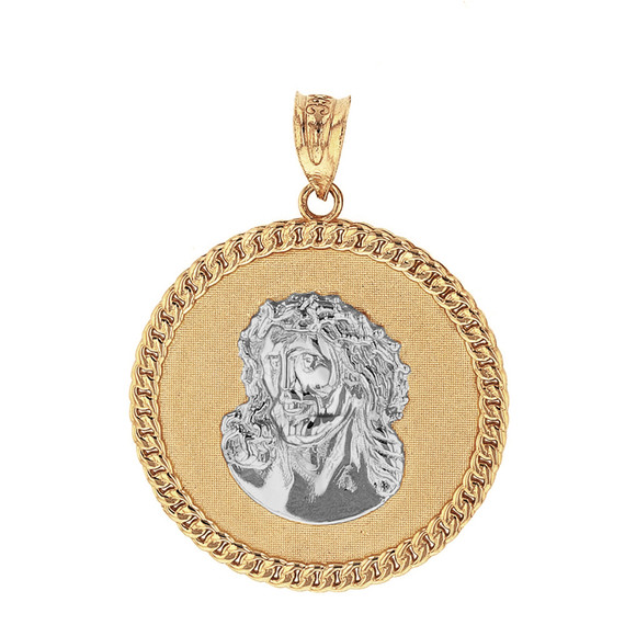 Two Tone Solid Yellow Gold  Cuban Curb Link Frame Circle Jesus Christ Medallion Pendant Necklace