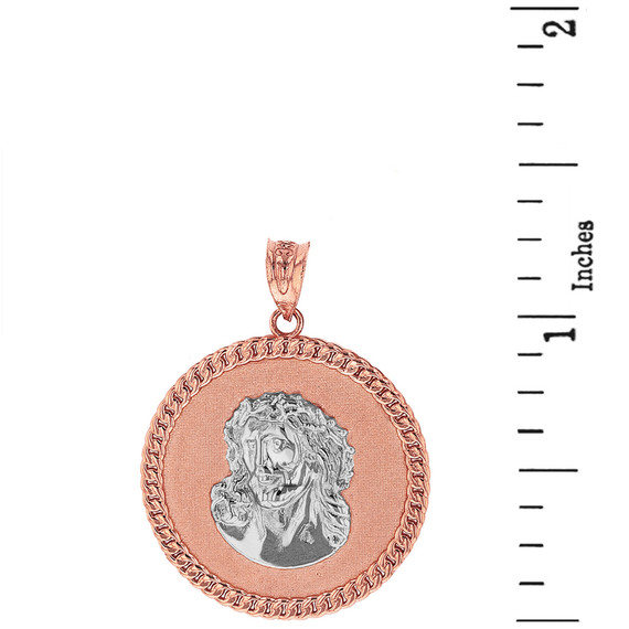 Two Tone Solid Rose Gold Cuban Curb Link Frame Circle Jesus Christ Medallion Pendant Necklace