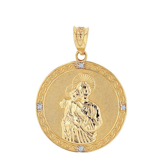 Solid Yellow Gold Saint Joseph Diamond Medallion Pendant Necklace  1.15" ( 29 mm)