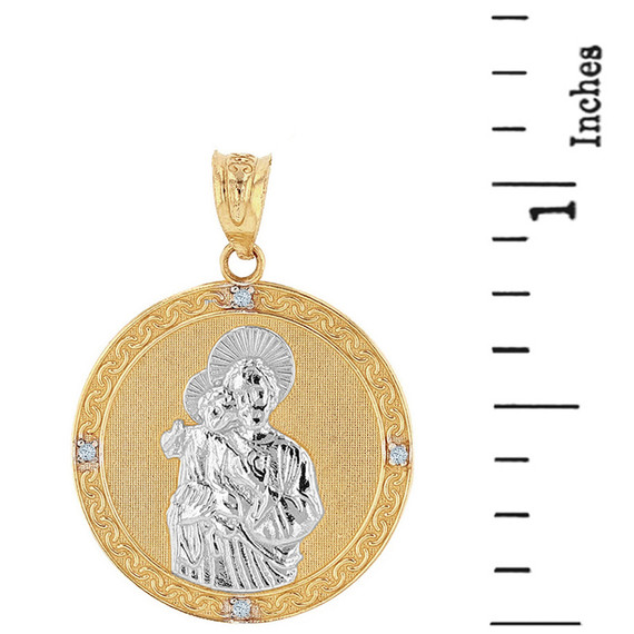 Two Tone Solid Yellow Gold Saint Joseph Diamond Medallion Pendant Necklace  1.15" ( 29 mm)