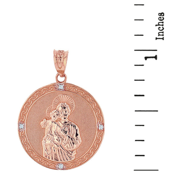 Solid Rose Gold Saint Joseph Diamond Medallion Pendant Necklace  1.04" ( 26 mm)