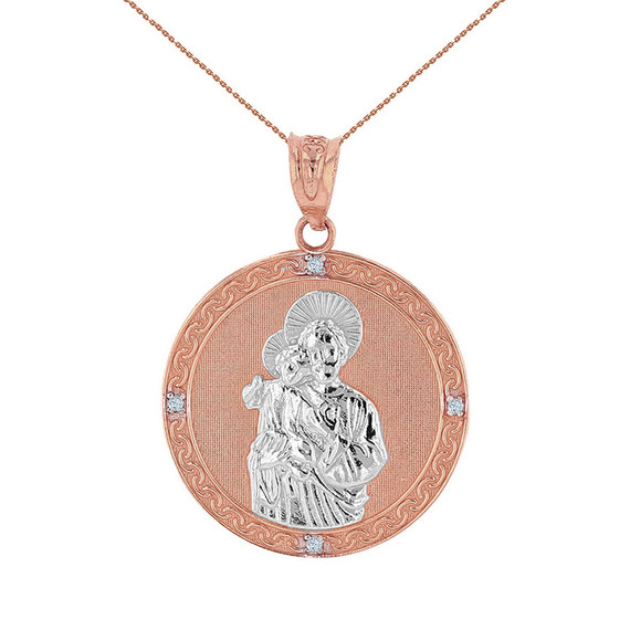 Two Tone Solid Rose Gold Saint Joseph Diamond Medallion Pendant Necklace  1.04" ( 26 mm)