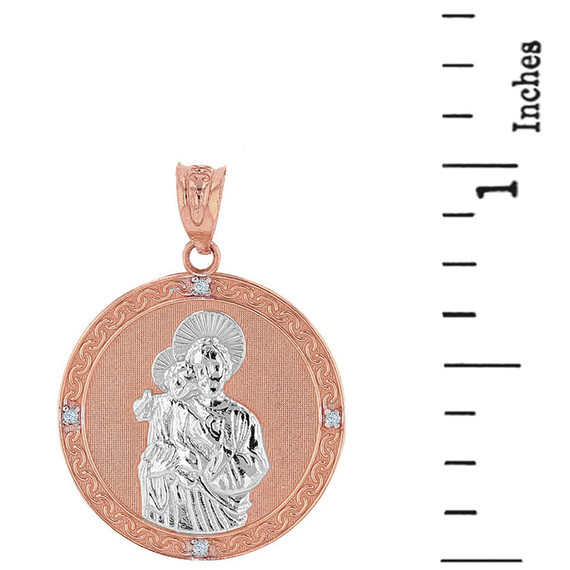 Two Tone Solid Rose Gold Saint Joseph Diamond Medallion Pendant Necklace  1.04" ( 26 mm)