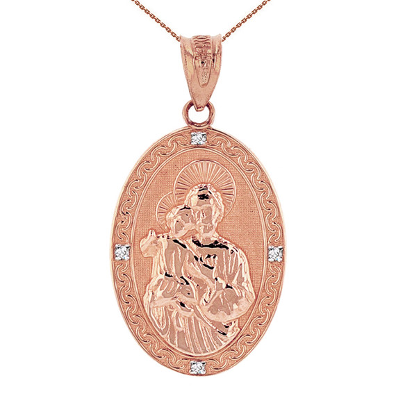 Solid Rose Gold Saint Joseph Diamond Oval Medallion Pendant Necklace 1.16" (29 mm)