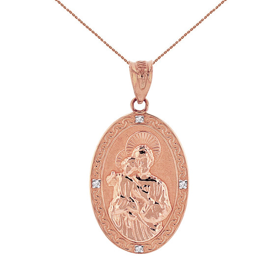 Solid Rose Gold Saint Joseph Diamond Oval Medallion Pendant Necklace 1.02"  (25  mm)