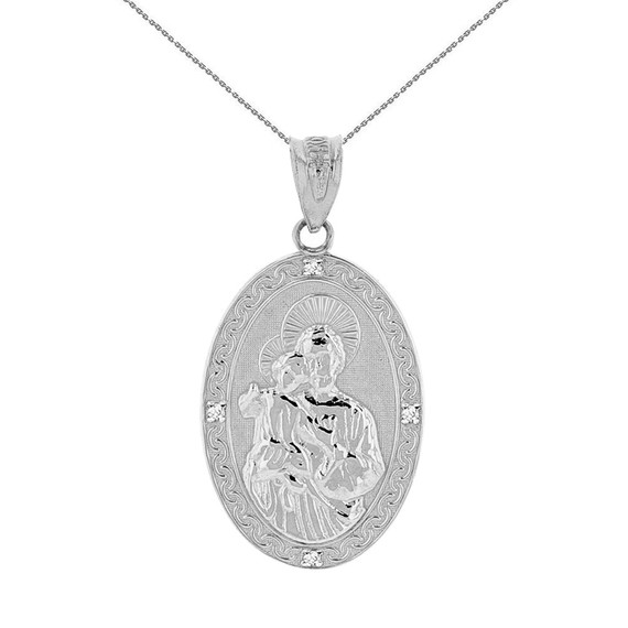 Solid White Gold Saint Joseph Diamond Oval Medallion Pendant Necklace 1.02"  (25  mm)