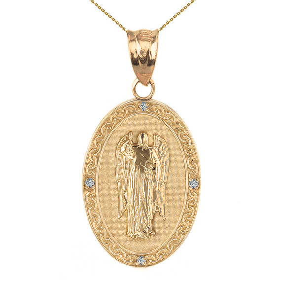 Solid Yellow Gold Archangel Saint Gabriel Diamond Oval Medallion Pendant Necklace 1.19" (  30 mm)