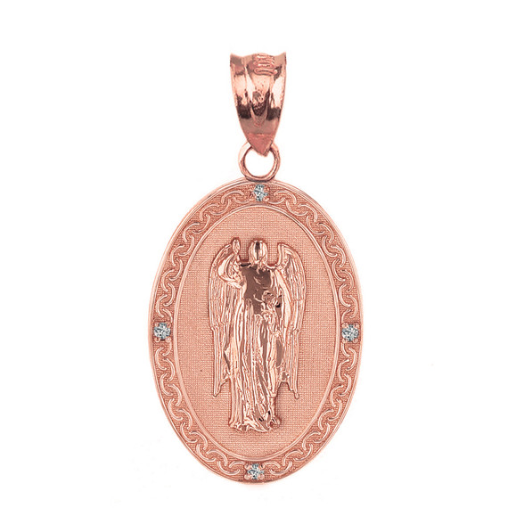 Solid Rose Gold Archangel Saint Gabriel Diamond Oval Medallion Pendant Necklace 1.19" (  30 mm)