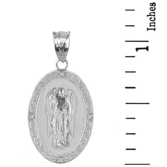 Sterling Silver Archangel Saint Gabriel CZ Oval Medallion Pendant Necklace 1.19" (  30 mm)