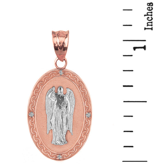 Two Tone Solid Rose Gold Archangel Saint Gabriel Diamond Oval Medallion Pendant Necklace 1.19" (  30 mm)