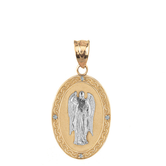Two Tone Solid Yellow Gold Archangel Saint Gabriel Diamond Oval Medallion Pendant Necklace  1.02" (25 mm)