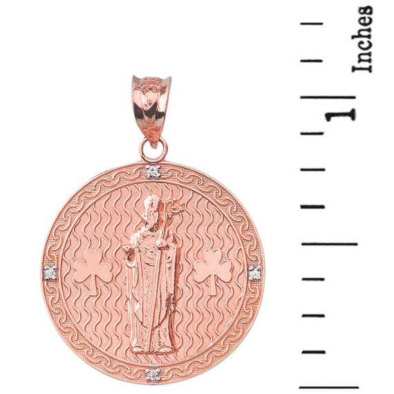 Solid Rose Gold Saint Patrick Shamrock Diamond Medallion Pendant Necklace 1.16"  (29 mm)