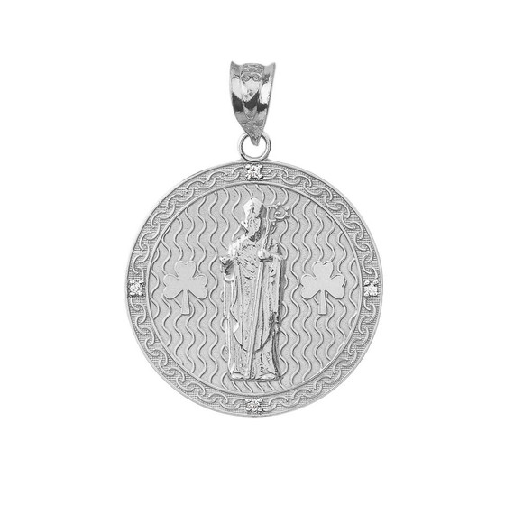 Solid White Gold Saint Patrick Shamrock Diamond Medallion Pendant Necklace 1.16"  (29 mm)