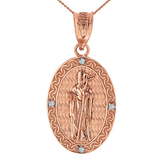 Solid Rose Gold Saint Patrick Diamond Oval Medallion Pendant Necklace 1.19" (30 mm)