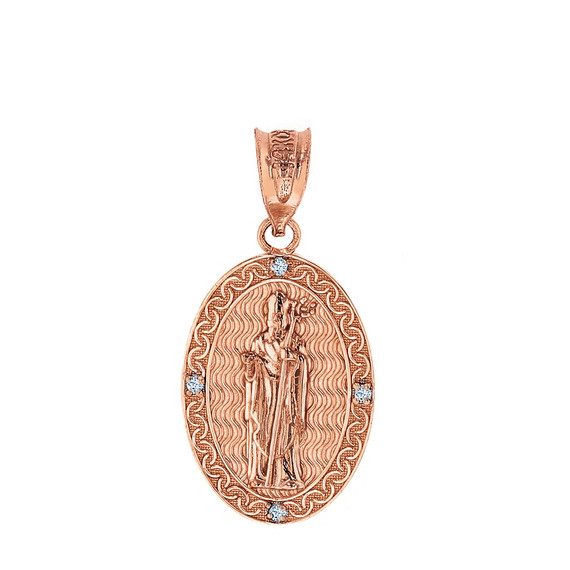 Solid Rose Gold Saint Patrick Diamond Oval Medallion Pendant Necklace 1.03" ( 26 mm)