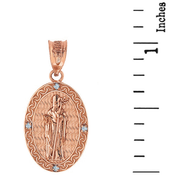 Solid Rose Gold Saint Patrick Diamond Oval Medallion Pendant Necklace 1.03" ( 26 mm)