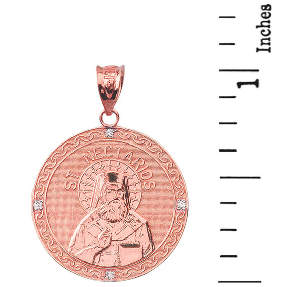 Solid Rose Gold Greek Orthodox Saint Nectarios of Aegina Engravable Diamond Medallion Pendant Necklace  1.01" (25 mm)