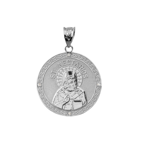 Solid White Gold Greek Orthodox Saint Nectarios of Aegina Engravable Diamond Medallion Pendant Necklace  1.01" (25 mm)