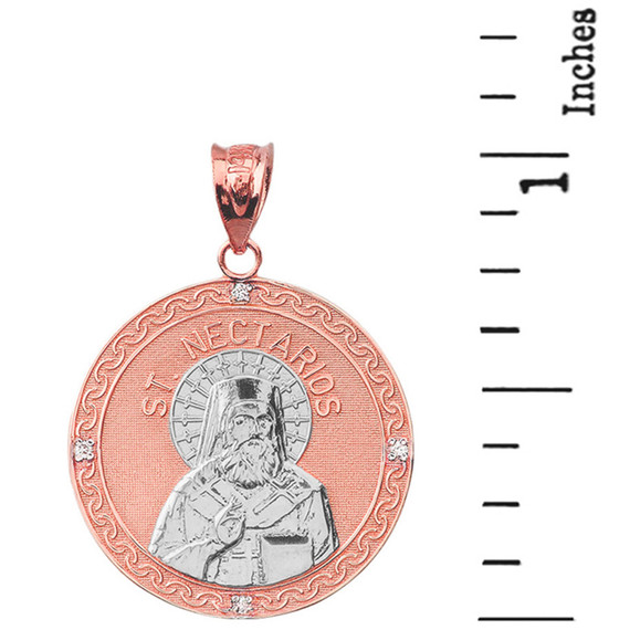Two Tone Solid Rose Gold Greek Orthodox Saint Nectarios of Aegina Engravable Diamond Medallion Pendant Necklace  1.01" (25 mm)