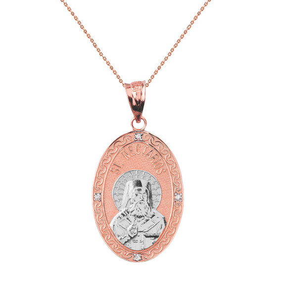 Two Tone Solid Rose Gold Greek Orthodox Saint Nectarios of Aegina Engravable Diamond Medallion Oval Pendant Necklace  1.00" (25 mm)