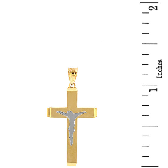 Two Tone Solid Yellow Gold Layered Cross Jesus Christ Silhouette Pendant Necklace  1.23" (31  mm)