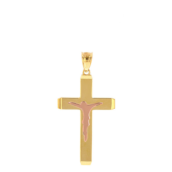 Two Tone Solid Yellow and Rose Gold Layered Cross Jesus Christ Silhouette Pendant Necklace  1.23" (31  mm)