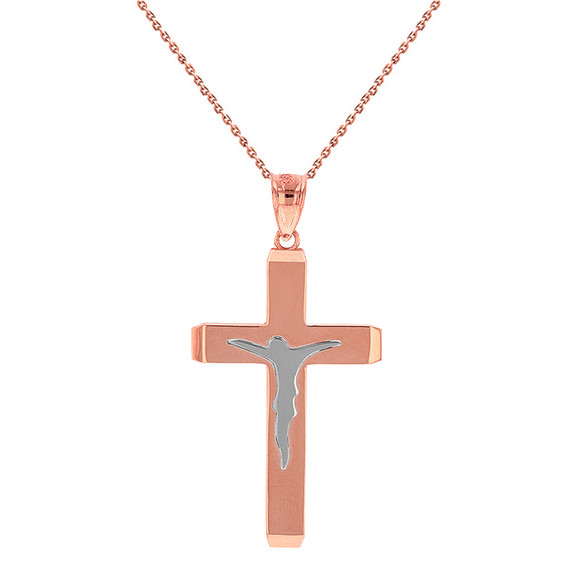 Two Tone Solid Rose Gold Layered Cross Jesus Christ Silhouette Pendant Necklace  1.23" (31  mm)