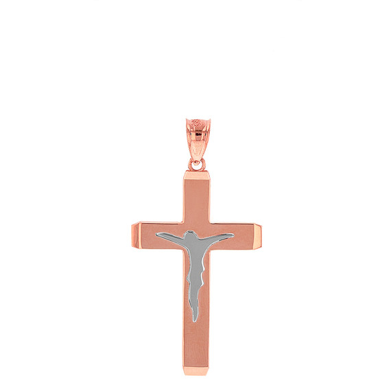 Two Tone Solid Rose Gold Layered Cross Jesus Christ Silhouette Pendant Necklace  1.23" (31  mm)