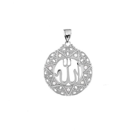 Sterling Silver Cubic Zirconia Filigree Round Allah Pendant Necklace ( 1" )