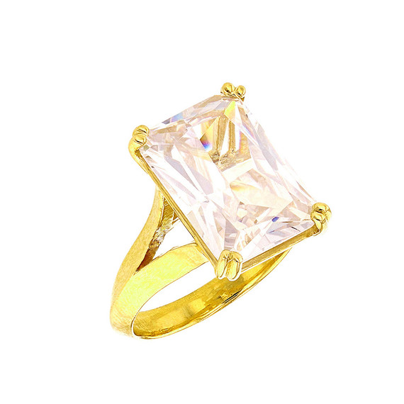 Yellow Gold Solitaire Octagon Radiant Emerald Cut Cubic Zirconia Engagement Ring