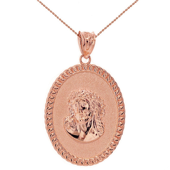Solid Rose Gold Jesus Christ the Lord Cuban Curb Link Frame Oval Medallion Pendant Necklace 1.27" ( 32 mm)