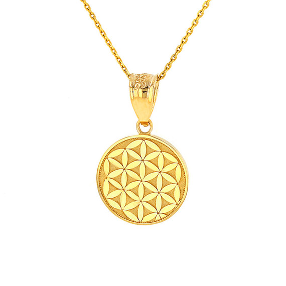 Solid Yellow Gold Flower of Life Dainty Disc Medallion Pendant Necklace