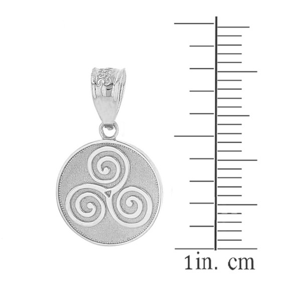 Solid White Gold Celtic Triple Spiral Triskele Irish Knot Disc Medallion Pendant Necklace