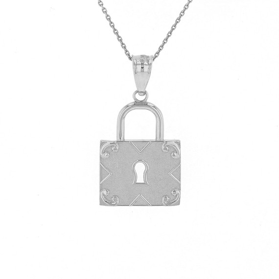 Solid White Gold Swirl Rectangle Keyhole Padlock Pendant Necklace