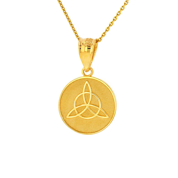 Solid Gold Triquetra Irish Celtic Disc Circle Pendant Necklace (Available in Yellow/Rose/White Gold