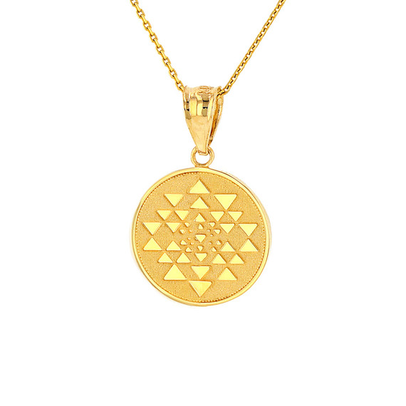 Solid Gold Yantra Tantric Indian Yoga Disc Circle Pendant Necklace (Available in Yellow/Rose/White Gold)