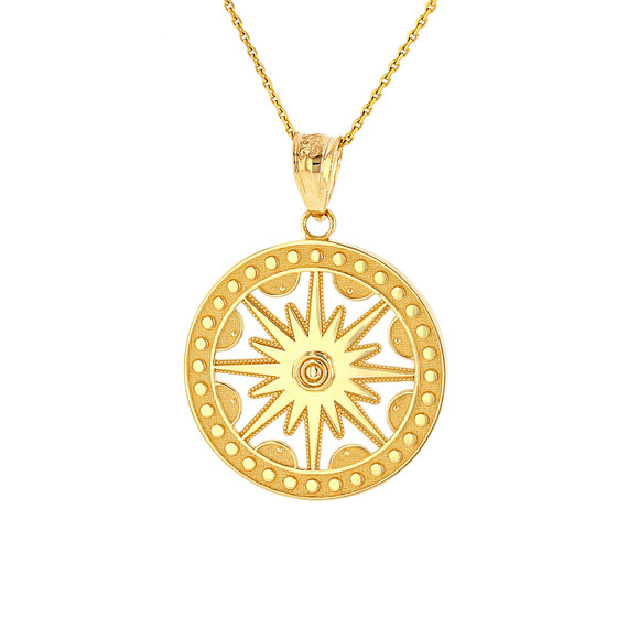 Solid Yellow Gold Textured Medallion Openwork Flaming Sun Pendant Necklace